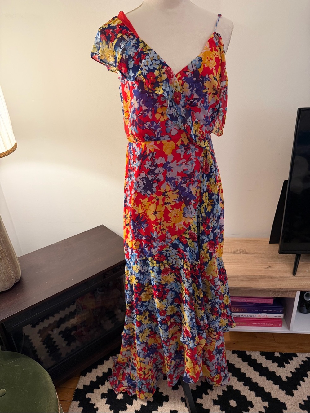 Lulu's Red Floral Maxi Dress with Yellow & Blue Accents
